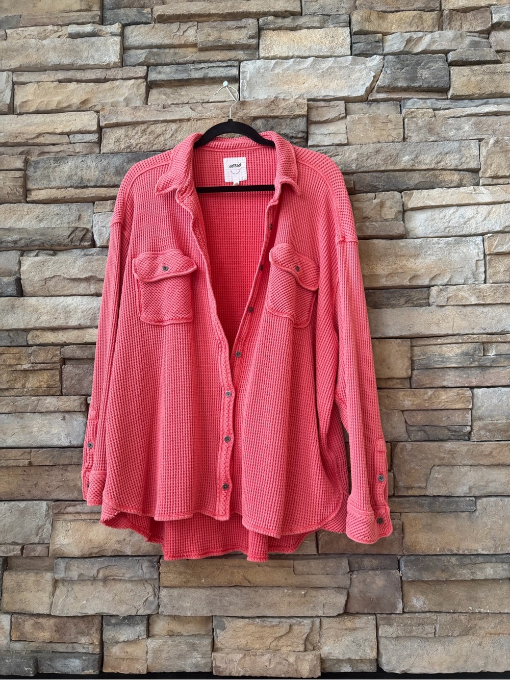 aerie Coral Waffle Button-Front Shirt